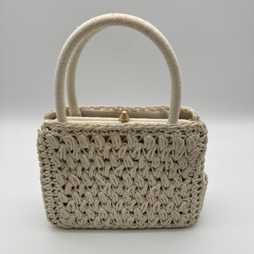 Vintage 1970s Italian-Made Crocheted Off-White Handbag Boho - Picture 2 of 9